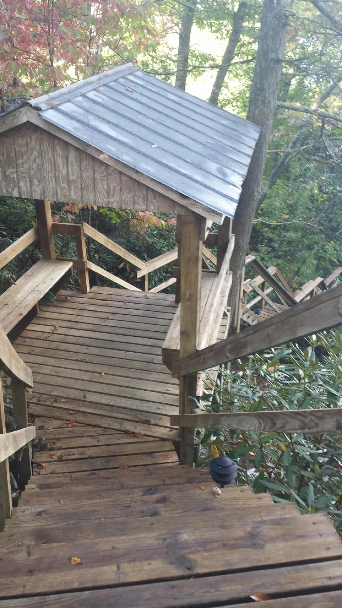 Metal roofed shelter over wooden steps on a wooded walkway — Skylight Repair & Installation work by our crew in Orchard Park